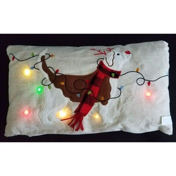 Accent Pillow Reindeer Dog Christmas Holiday Blinking Light-Up Buffalo Plaid - Picture 3 of 12
